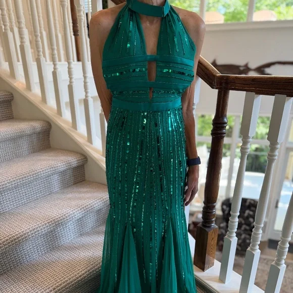 Sean Collection | Dresses | Sean Collection Size 2 Xs Xxs Green Sequined  Chiffon Long Halter Dress | Poshmark